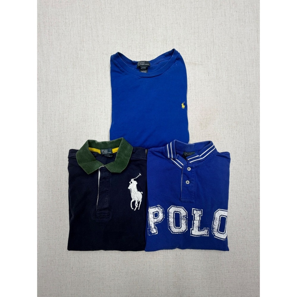 VTG Polo Ralph Lauren Boys Shirt Lot 3pc Navy Blue Polo Long Sleeve Size L 14-16